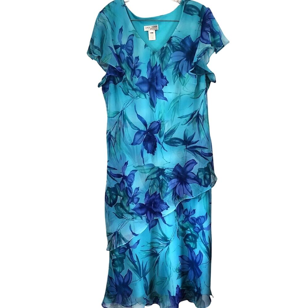 Lady Dorby Floral Tiered Midi Cottage Core Sheer Overlay Plus Size Dress 14W